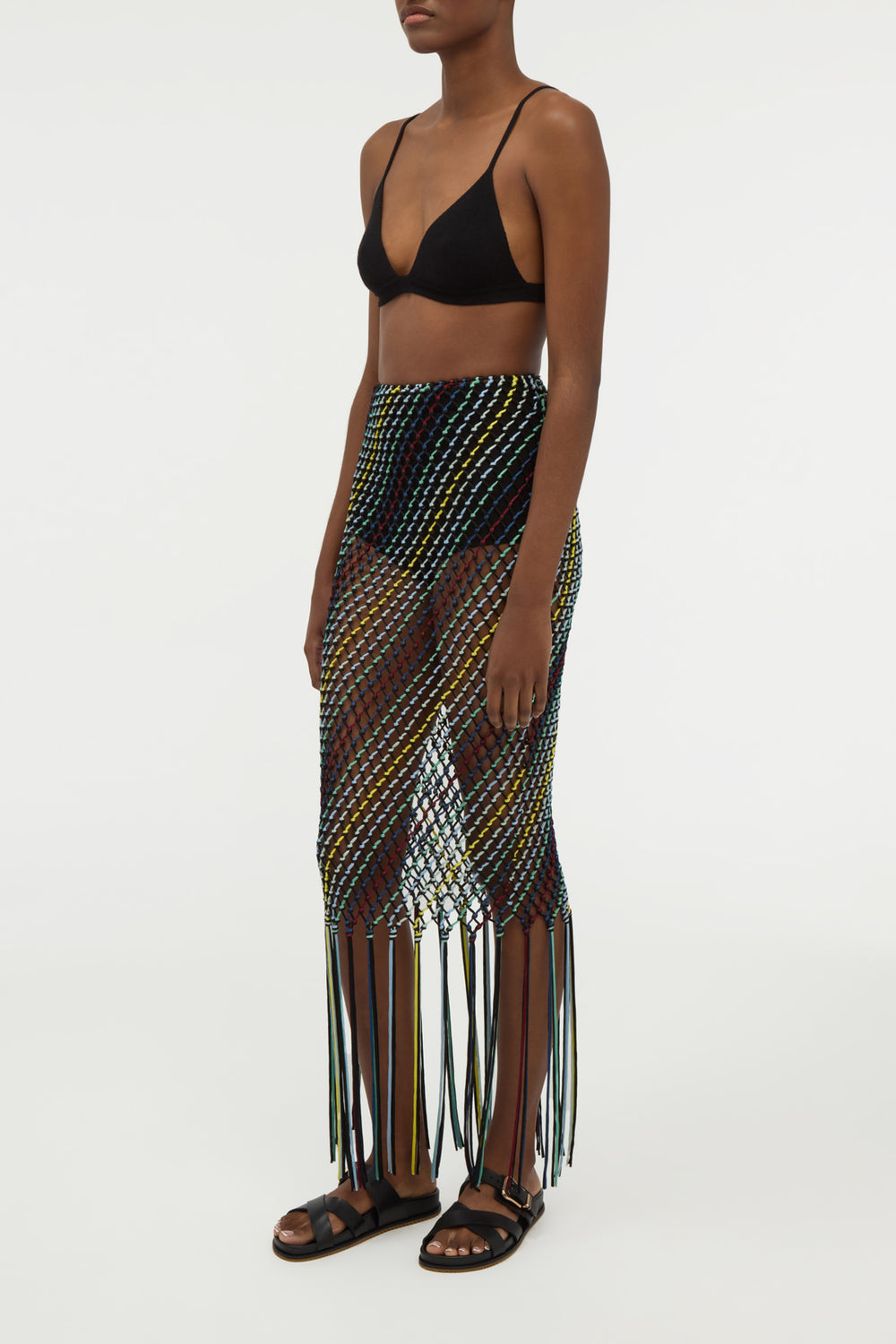 Zana Fringe Macrame Maxi Skirt in Black Multi Silk