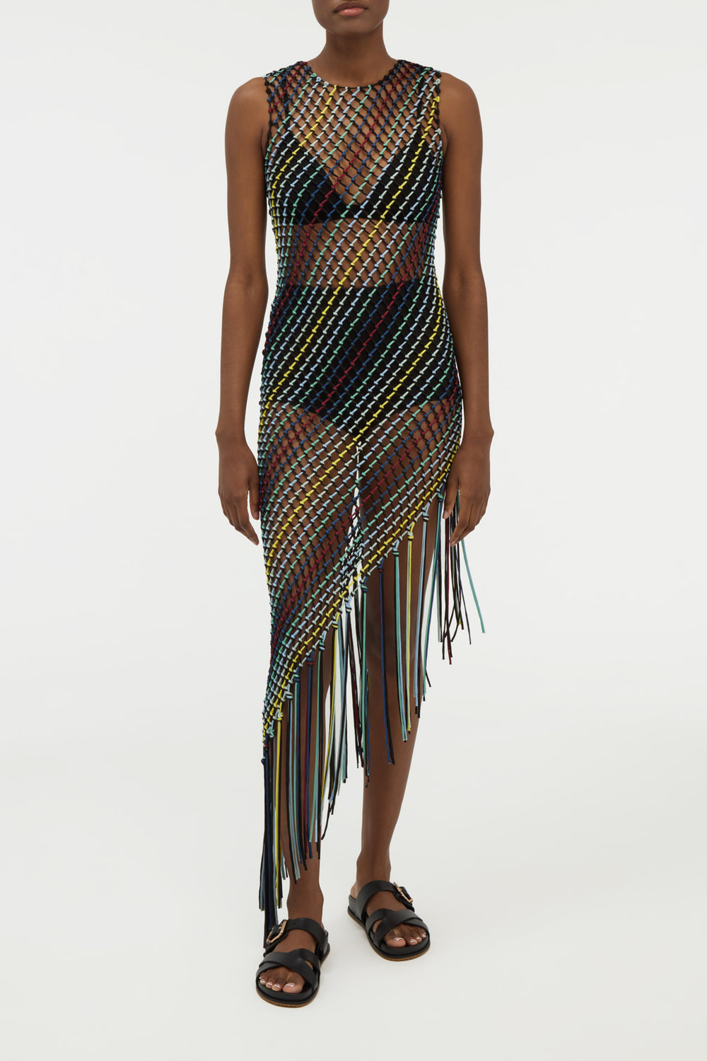 Nabia L Fringe Macrame Maxi Dress in Black Multi Silk