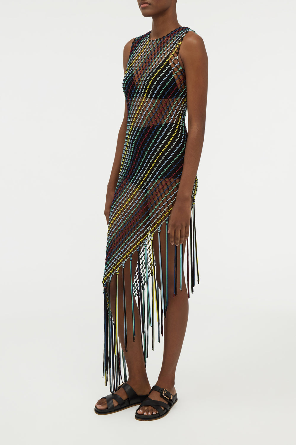 Nabia L Fringe Macrame Maxi Dress in Black Multi Silk