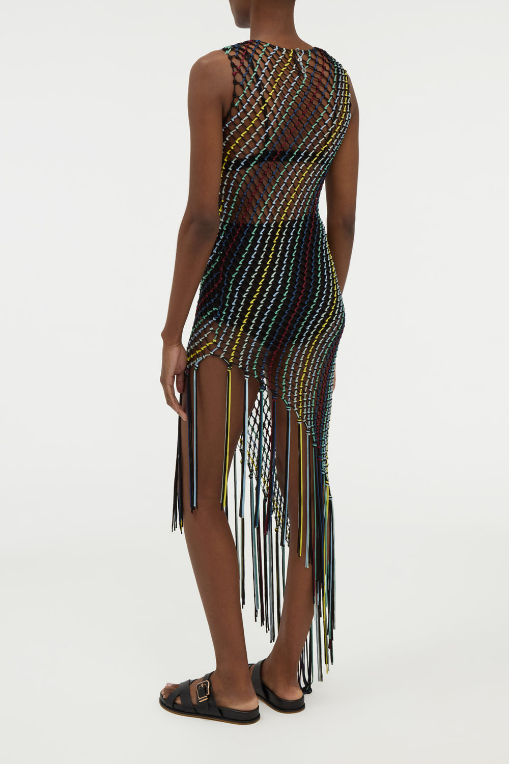 Nabia L Fringe Macrame Maxi Dress in Black Multi Silk