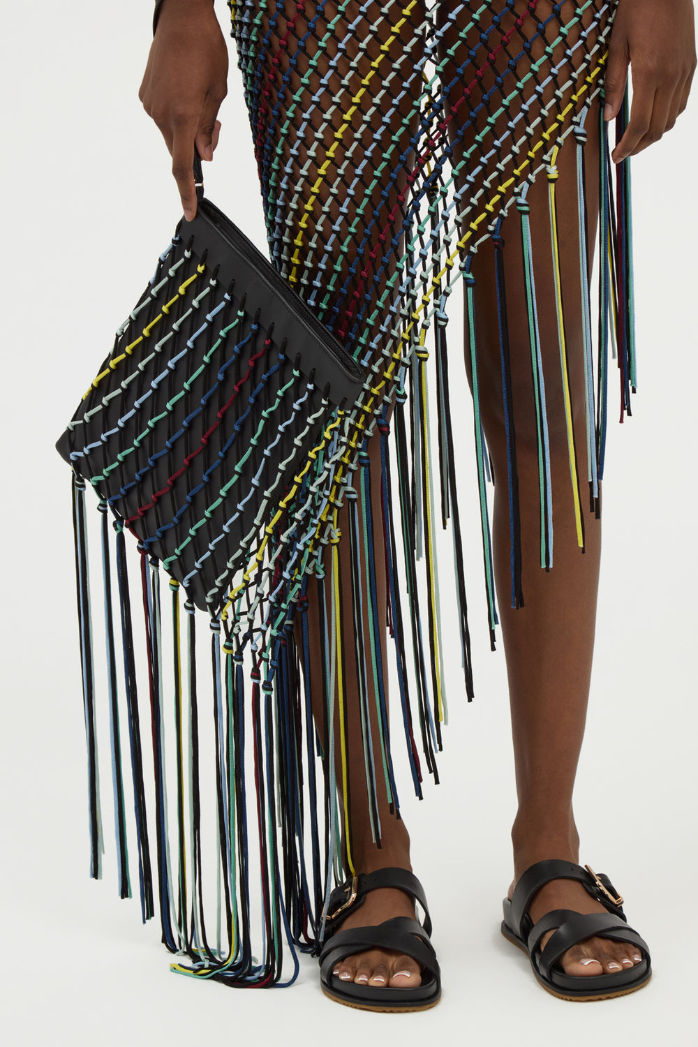 Naila Fringe Pouch in Black Multi Nappa Leather & Silk Macrame