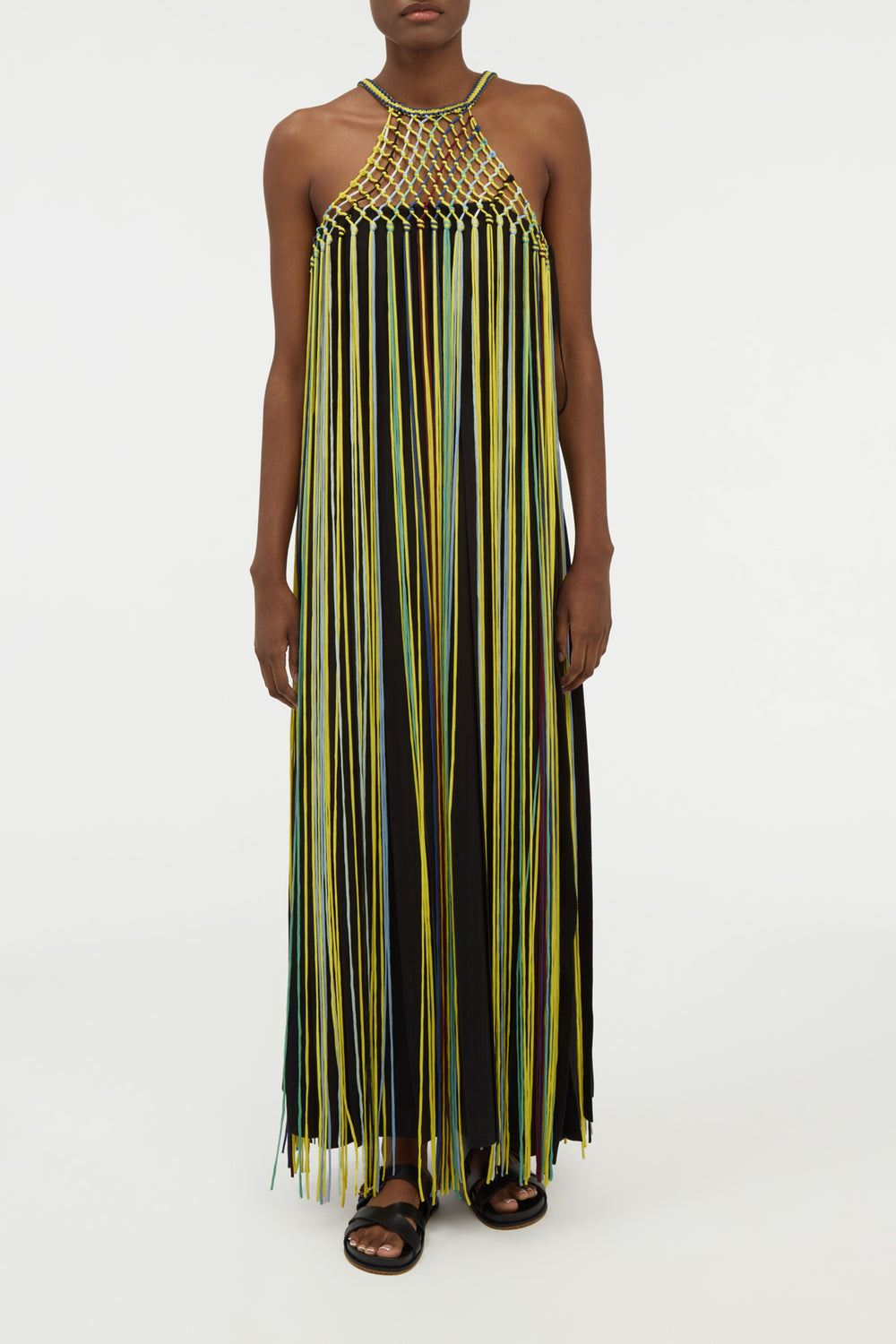 Tacia Fringe Maxi Dress in Black Multi Silk