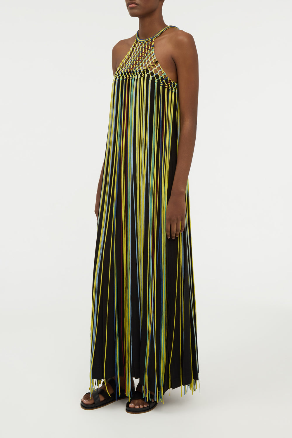 Tacia Fringe Maxi Dress in Black Multi Silk