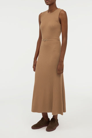 Camel Ribbed Merino Wool Knit Midi Dress - On Model Side Profile | Gabriela Hearst
