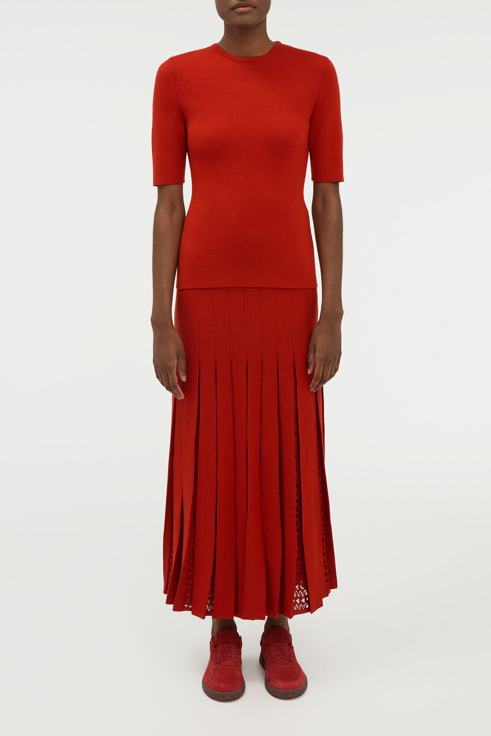 Debutante Knit Pleated Maxi Skirt in Antelope Orange Merino