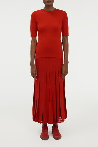 Debutante Knit Pleated Maxi Skirt in Antelope Orange Merino Wool