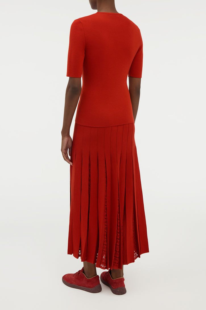 Debutante Knit Pleated Maxi Skirt in Antelope Orange Merino Wool
