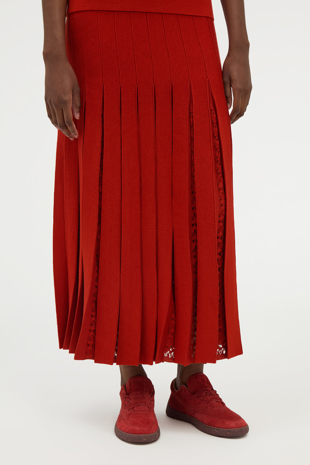 Debutante Knit Pleated Maxi Skirt in Antelope Orange Merino Wool