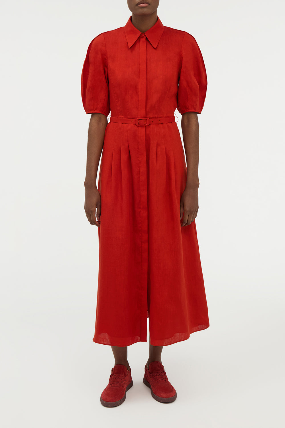 Maude Pleated Midi Shirtdress in Antelope Orange Aloe Linen
