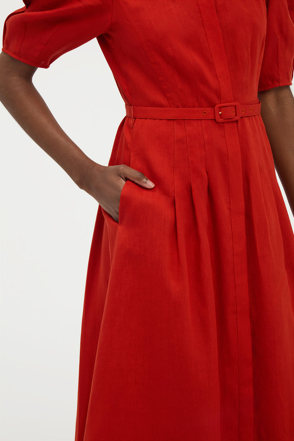 Maude Pleated Midi Shirtdress in Antelope Orange Aloe Linen