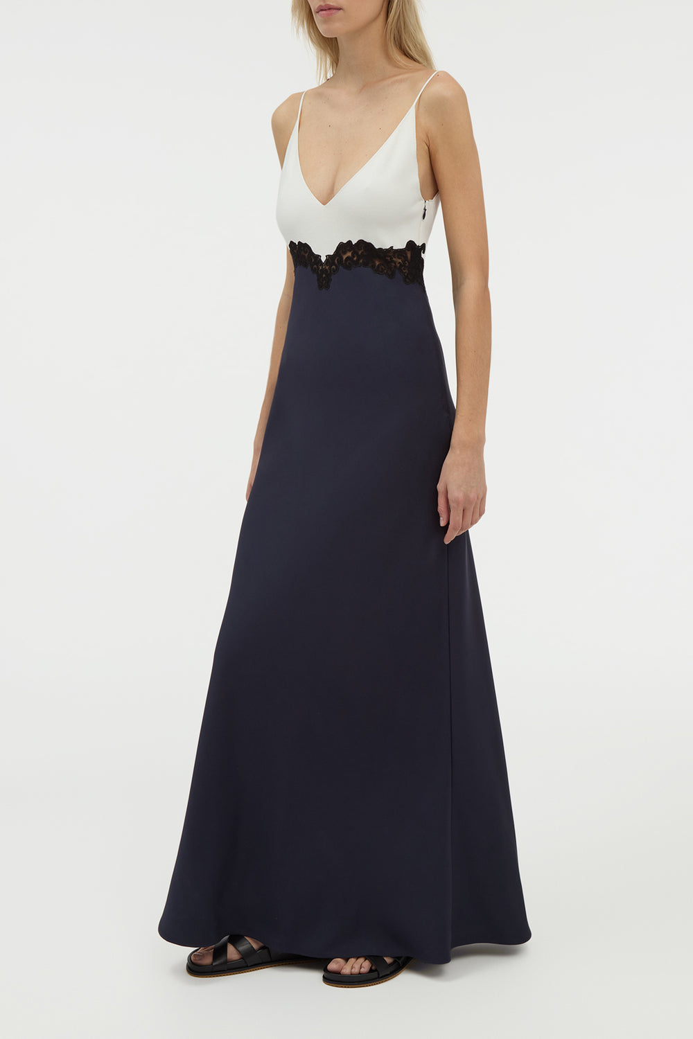 Amaryllis Lace Maxi Dress in Dark Navy Silk Wool Cady