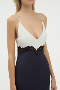 Amaryllis Lace Maxi Dress in Dark Navy Silk Wool Cady