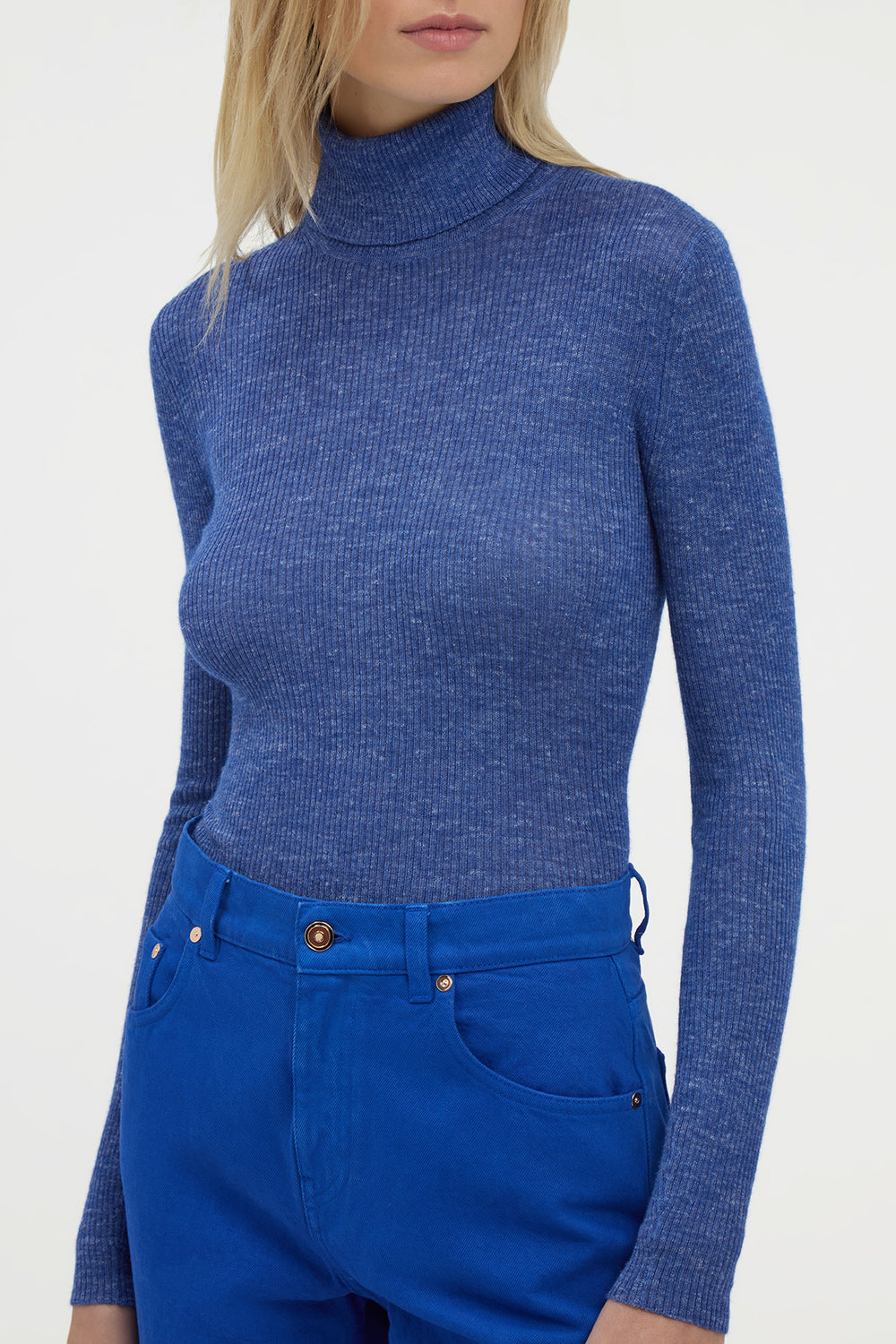 Aldona Knit Turtleneck in Cobalt Cashmere Silk with Hemp