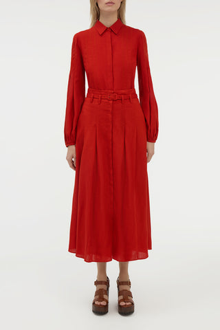 Dugald Pleated Midi Skirt in Antelope Orange Aloe Linen