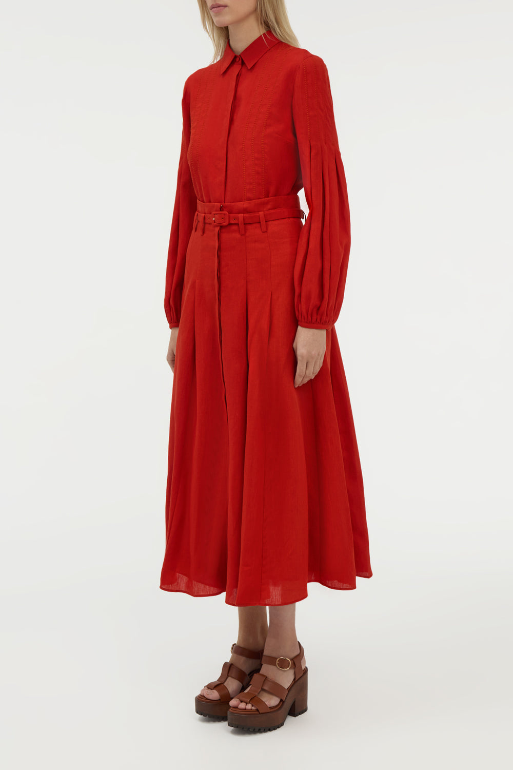 Dugald Pleated Midi Skirt in Antelope Orange Aloe Linen