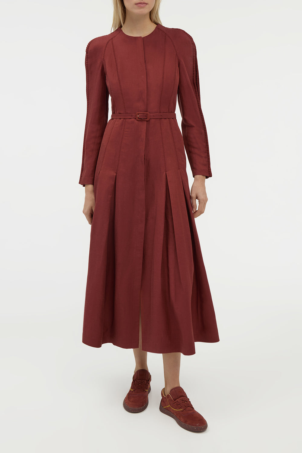 Niles Pleated Maxi Shirtdress in Burnt Sienna Linen Silk