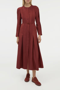 Niles Pleated Maxi Shirtdress in Burnt Sienna Linen Silk Twill