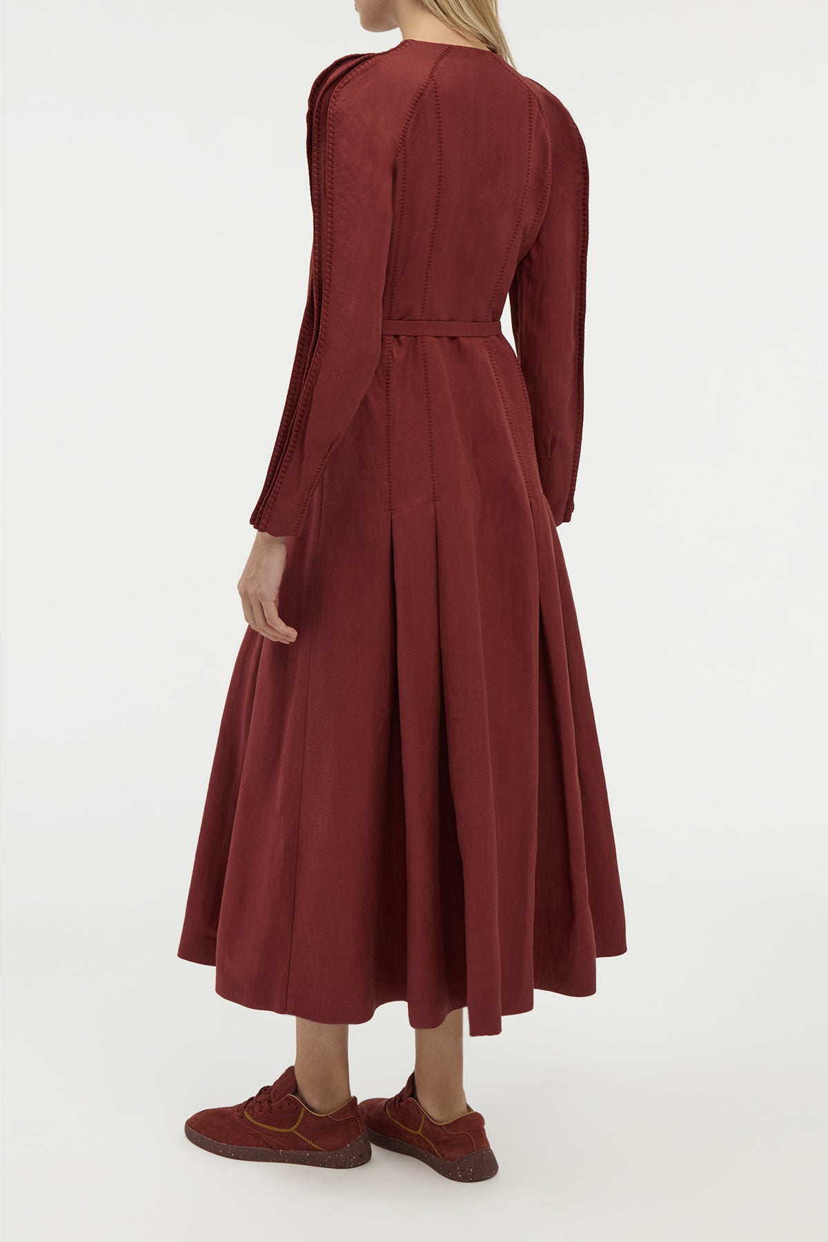 Niles Pleated Maxi Shirtdress in Burnt Sienna Linen Silk Twill