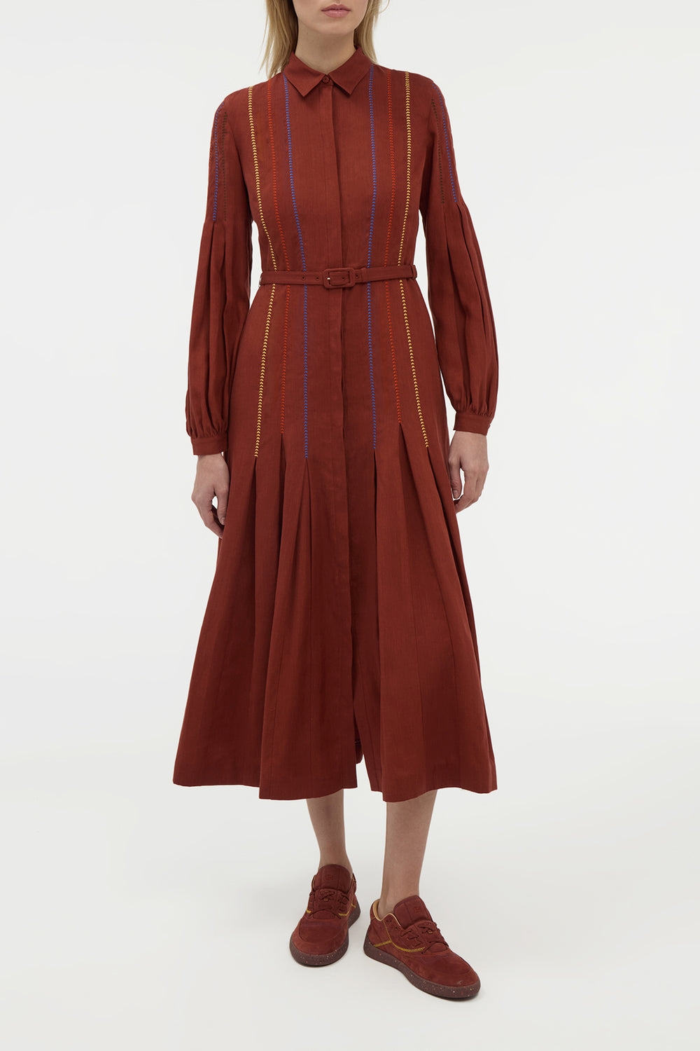 Aleka Pleated Midi Shirtdress in Burnt Sienna Multi Aloe Linen