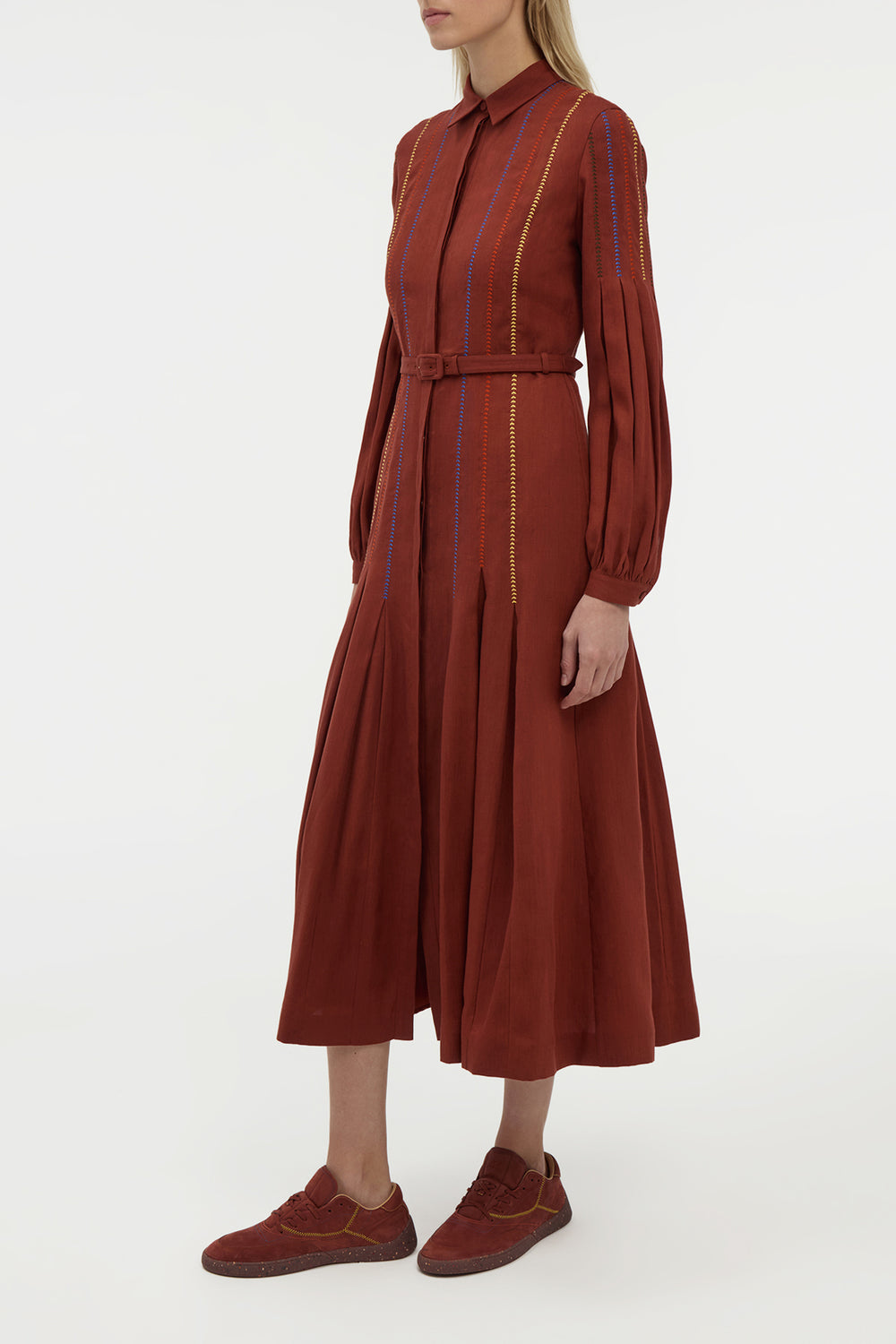Aleka Pleated Midi Shirtdress in Burnt Sienna Multi Aloe Linen