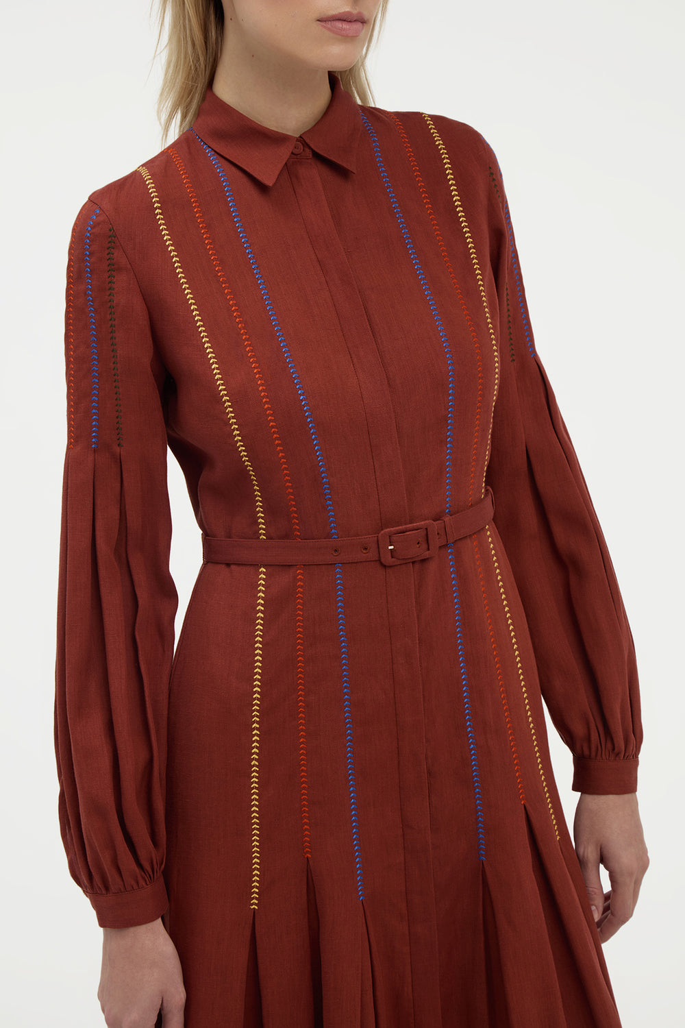 Aleka Pleated Midi Shirtdress in Burnt Sienna Multi Aloe Linen