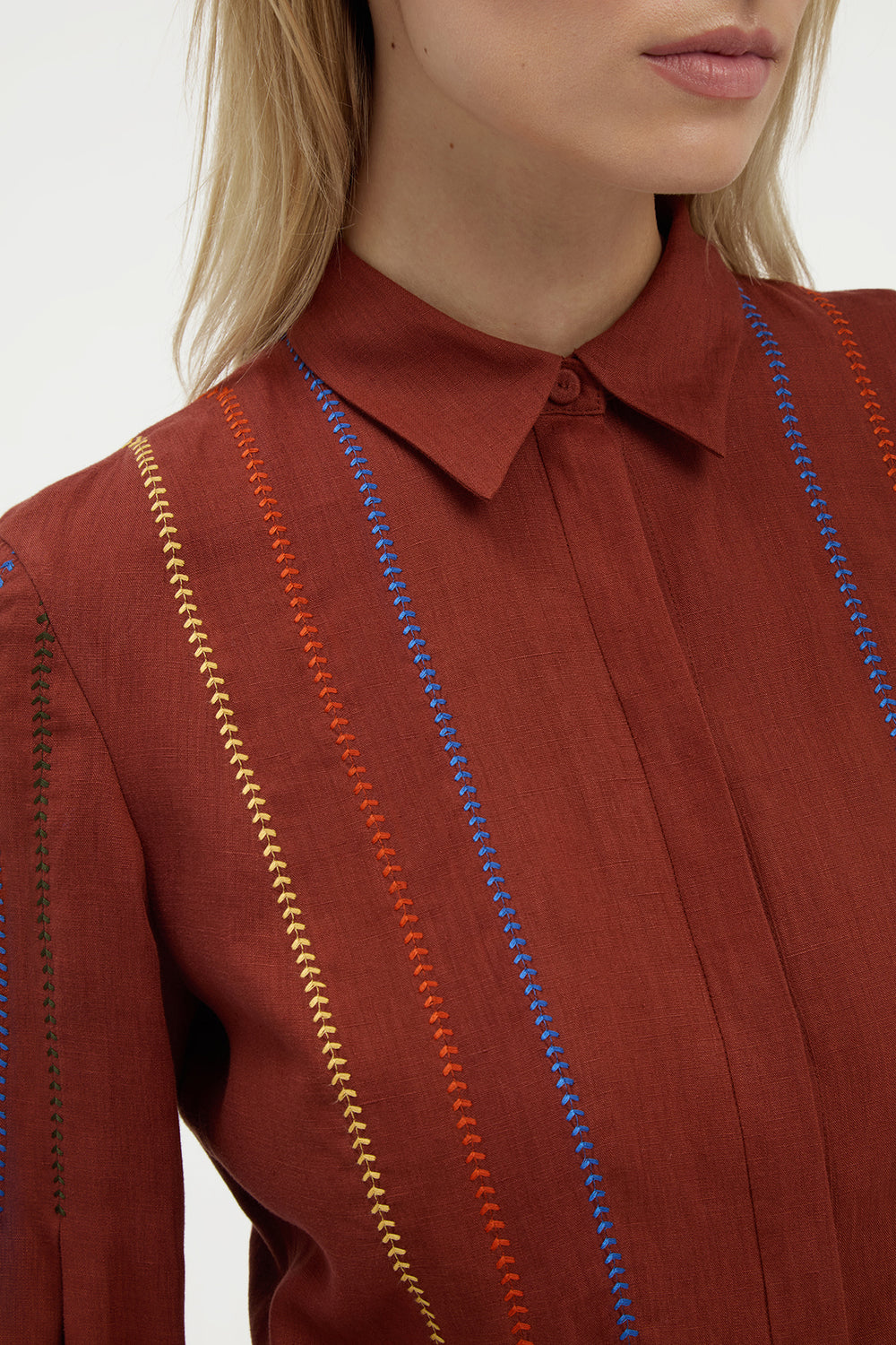 Aleka Pleated Midi Shirtdress in Burnt Sienna Multi Aloe Linen