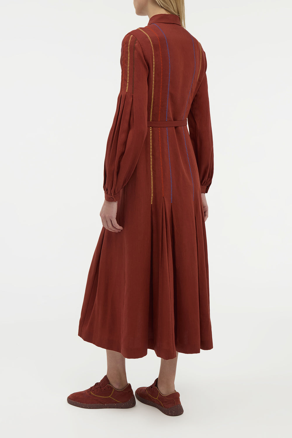 Aleka Pleated Midi Shirtdress in Burnt Sienna Multi Aloe Linen