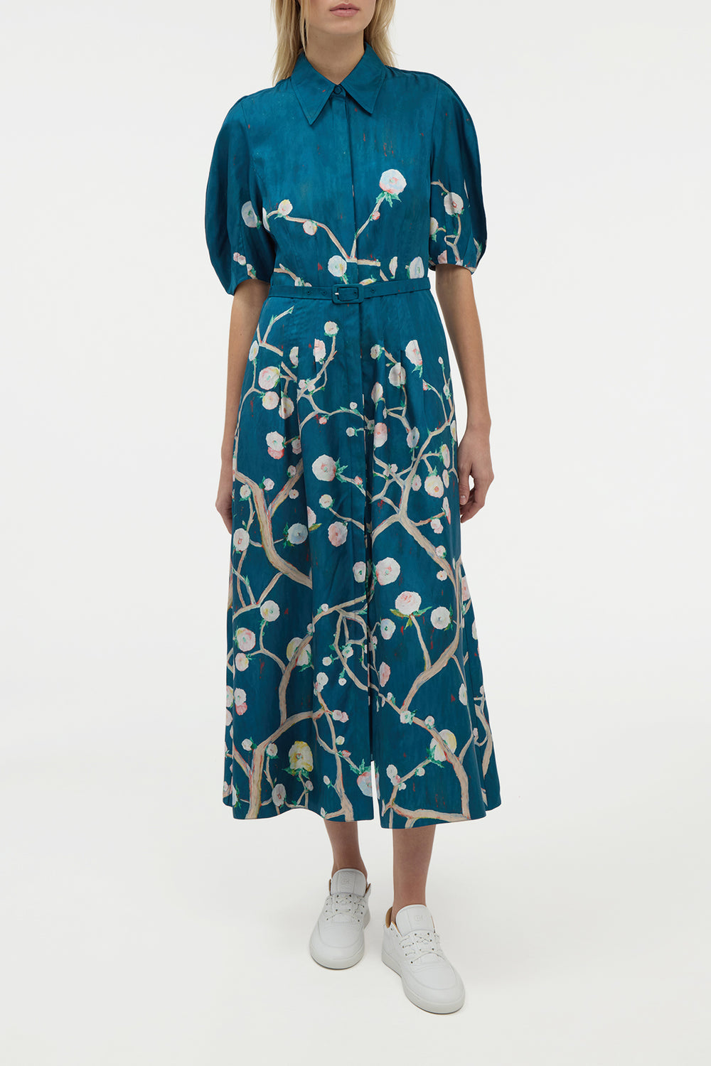 Maude Pleated Midi Shirtdress in Blue Multi Printed Silk Twill