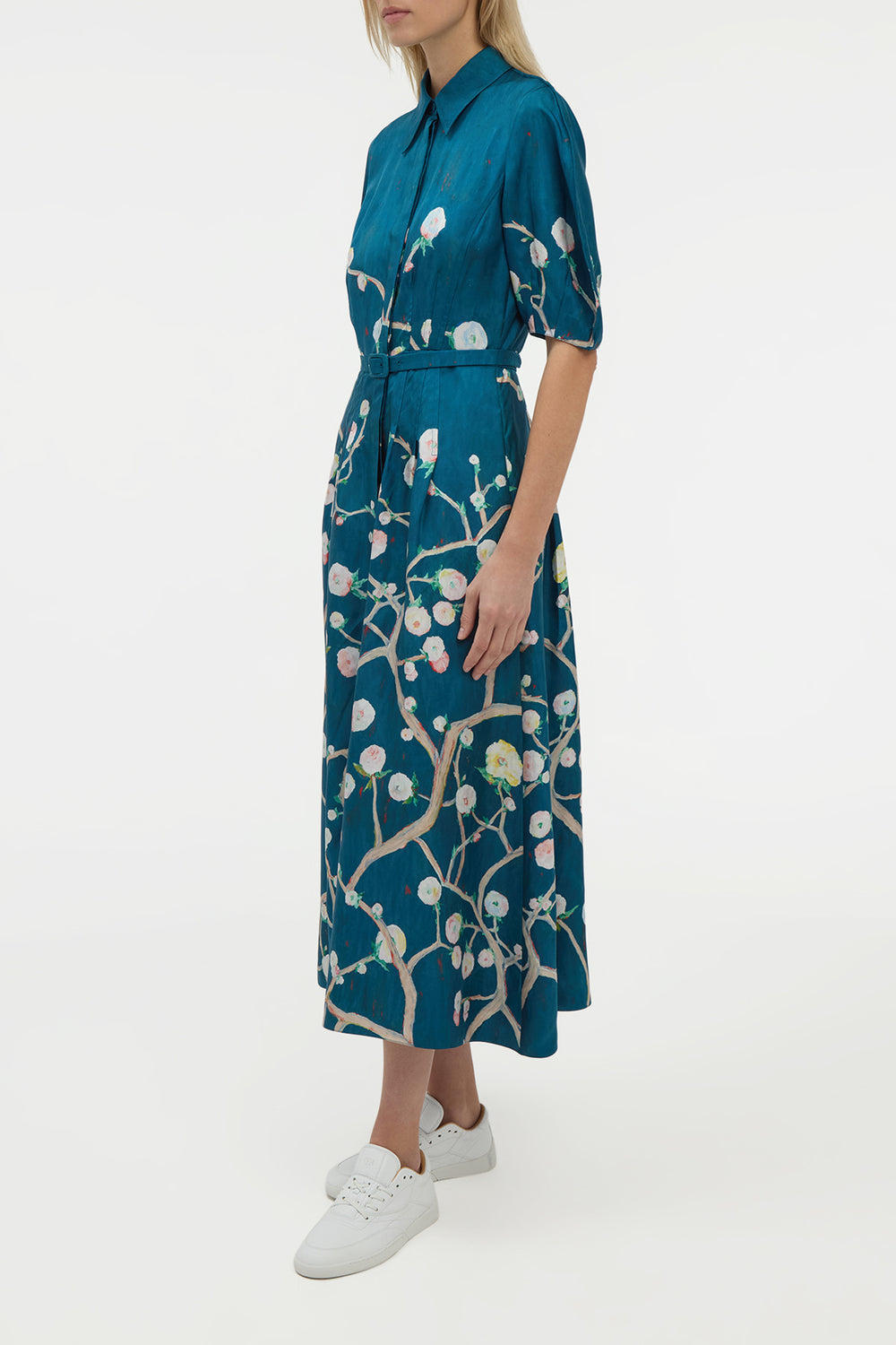 Maude Pleated Midi Shirtdress in Blue Multi Printed Silk Twill