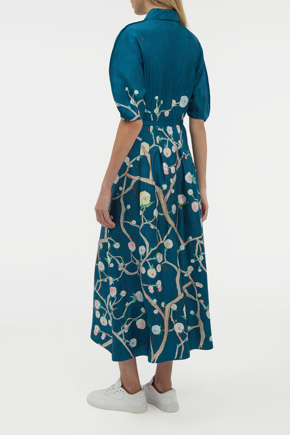 Maude Pleated Midi Shirtdress in Blue Multi Printed Silk Twill