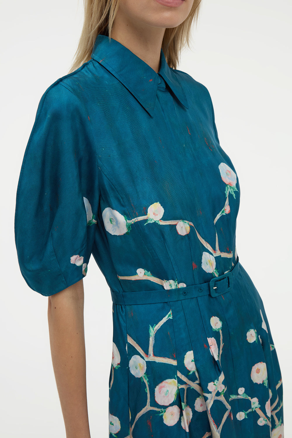Maude Pleated Midi Shirtdress in Blue Multi Printed Silk Twill