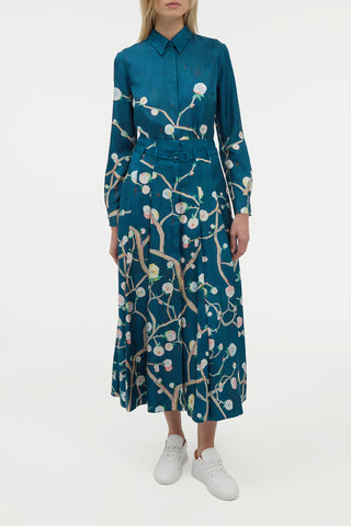 Dugald Pleated Midi Skirt in Blue Multi Printed Silk Twill