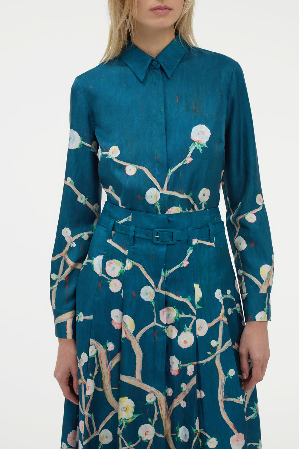 Dugald Pleated Midi Skirt in Blue Multi Printed Silk Twill