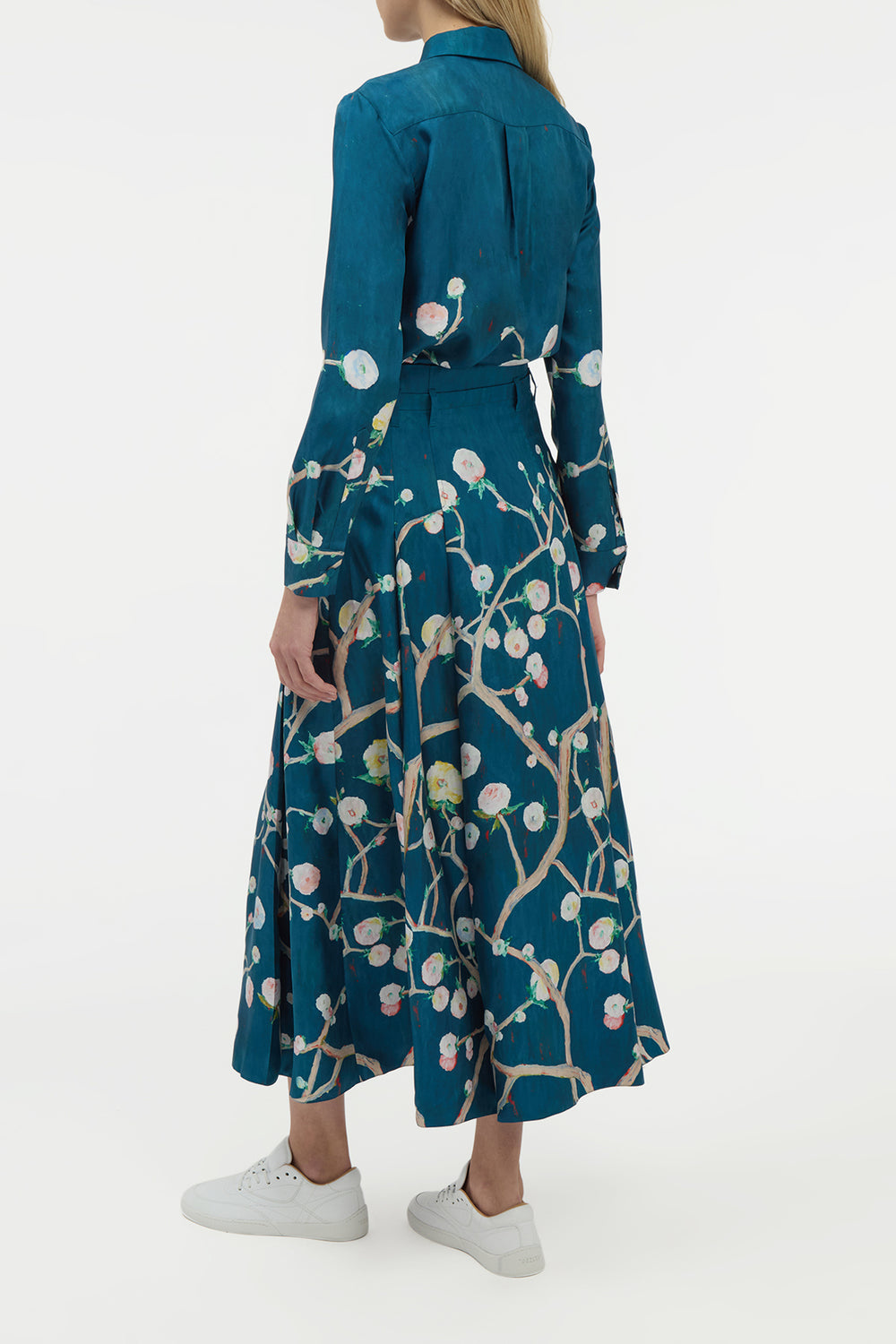 Dugald Pleated Midi Skirt in Blue Multi Printed Silk Twill