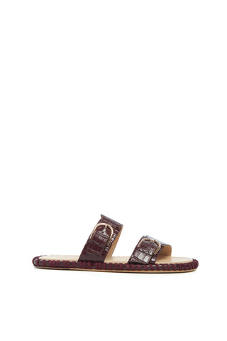 Sage Flat Sandal in Bordeaux Crocodile Embossed Leather