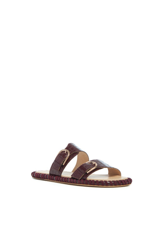 Sage Flat Sandal in Bordeaux Crocodile Embossed Leather