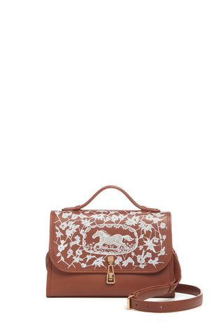Hand Painted Medium Leonora Flap Bag in Cognac & White Leather