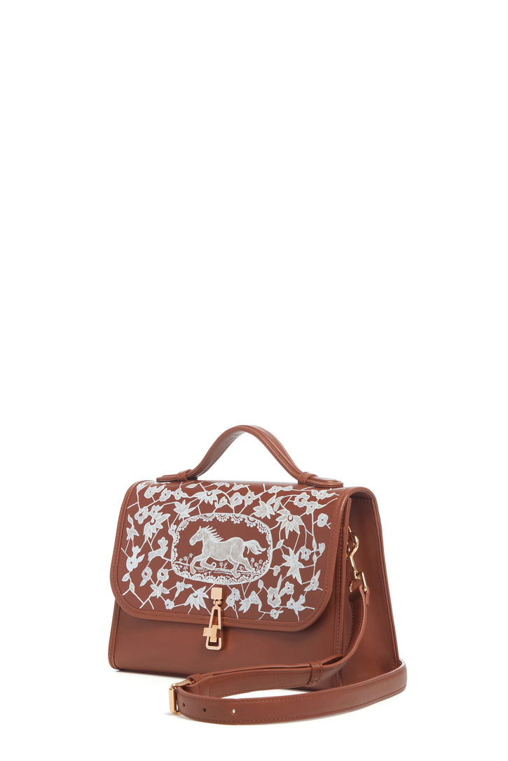Hand Painted Medium Leonora Flap Bag in Cognac & White Leather