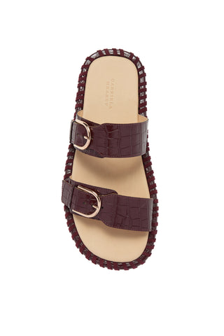 Sage Flat Sandal in Bordeaux Crocodile Embossed Leather