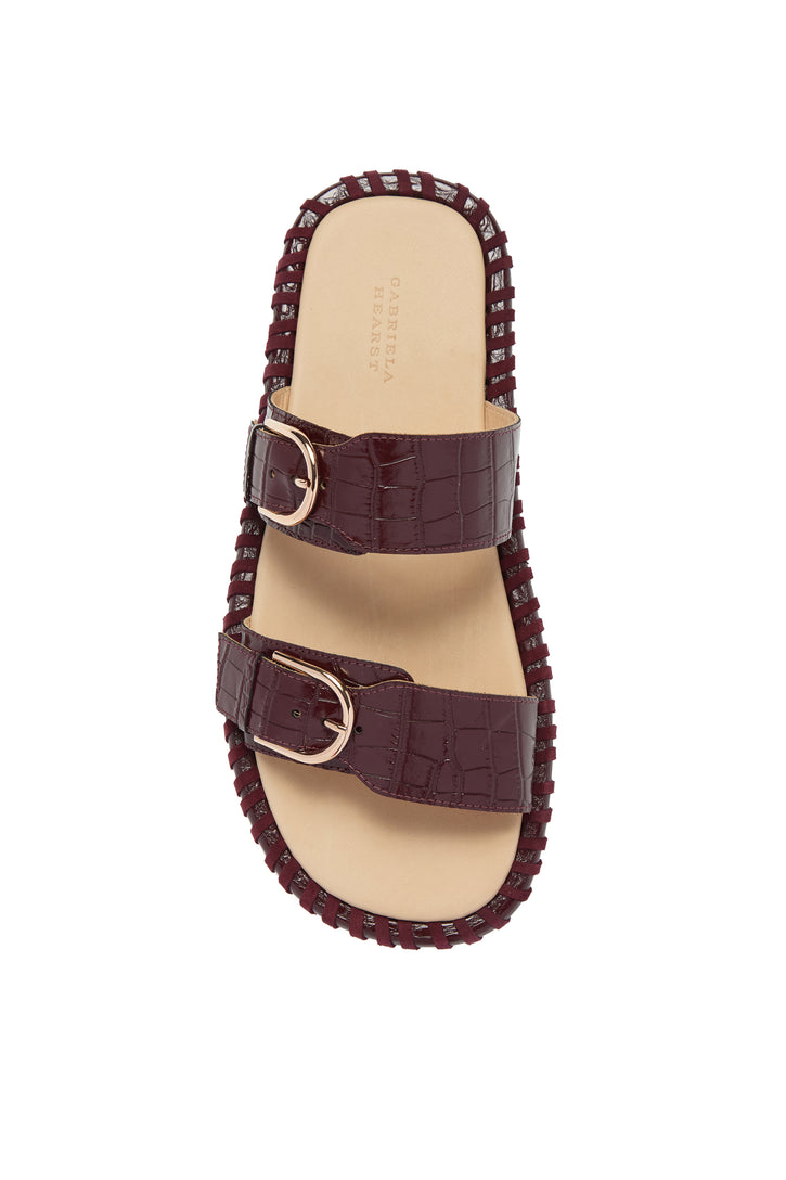 Sage Flat Sandal in Bordeaux Crocodile Embossed Leather