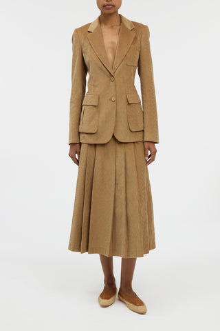 Wesley Pleated Midi Skirt in Camel Sea Island Cotton Corduroy