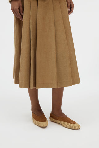 Wesley Pleated Midi Skirt in Camel Sea Island Cotton Corduroy