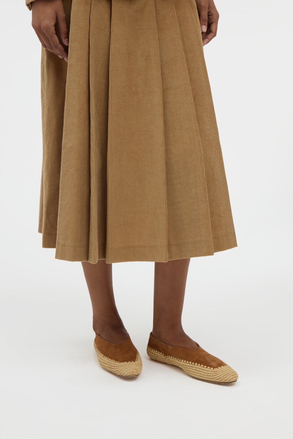 Wesley Pleated Skirt in Camel Sea Island Cotton Corduroy