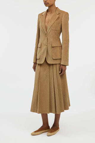 Wesley Pleated Midi Skirt in Camel Sea Island Cotton Corduroy