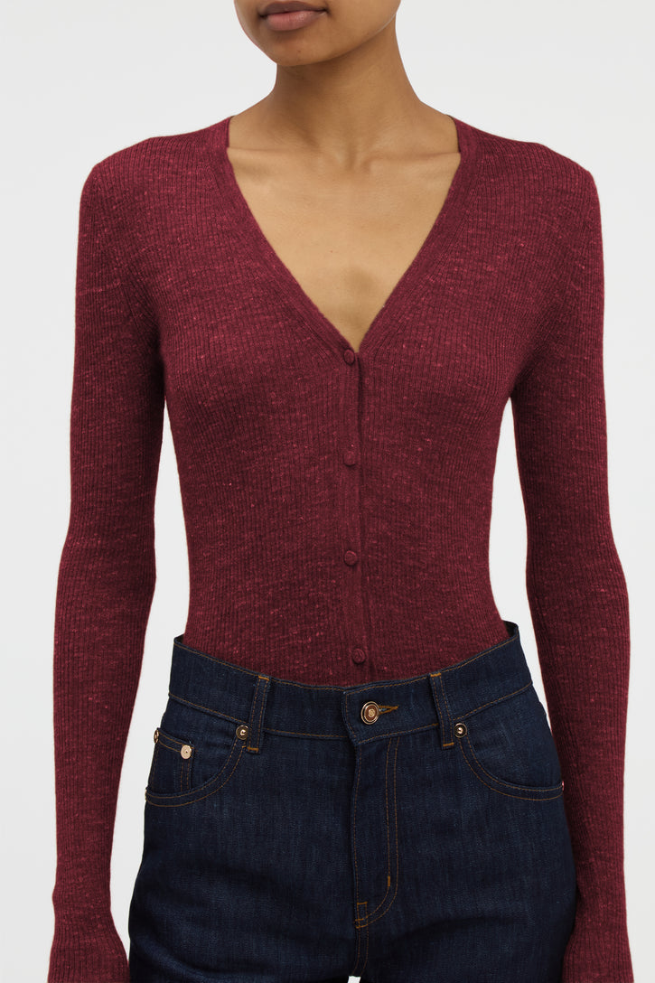 Aiste Knit Cardigan in Bordeaux Cashmere Silk with Hemp