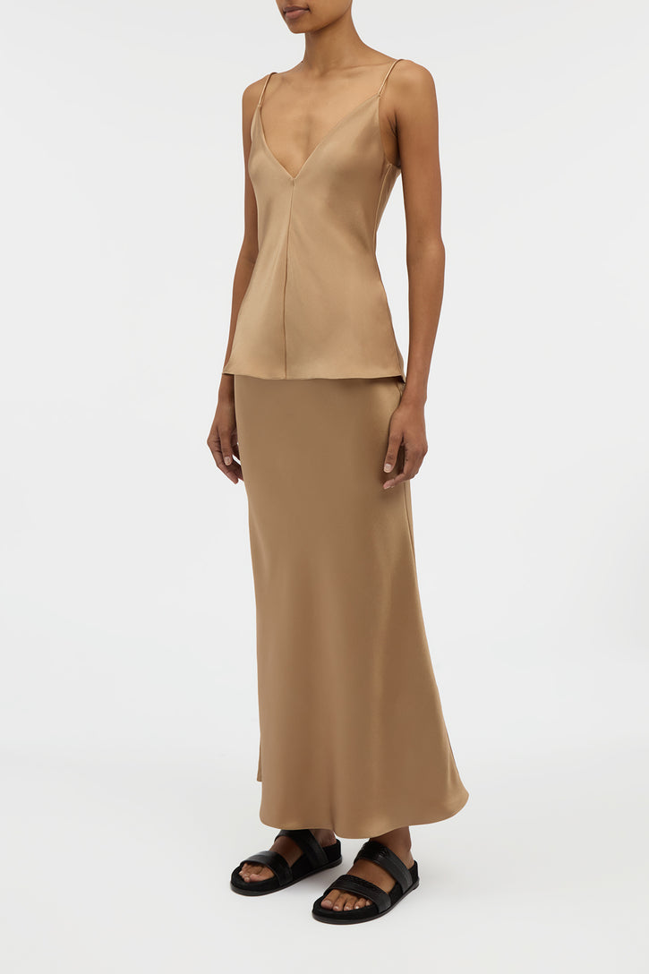 Frei Maxi Skirt in Camel Silk Satin