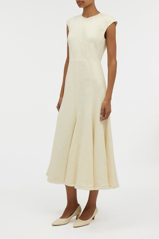 Crowther Midi Dress in Ivory Virgin Wool Silk Slub