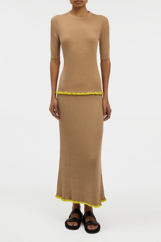 Kavya Knit Maxi Skirt in Camel Cashmere Silk