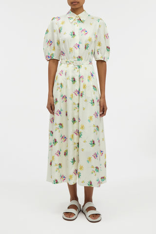 Maude Pleated Mia's Flowers Midi Shirtdress in Ivory Multi Printed Silk Twill