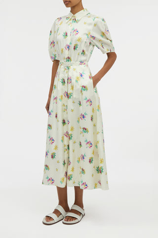 Maude Pleated Mia's Flowers Midi Shirtdress in Ivory Multi Printed Silk Twill